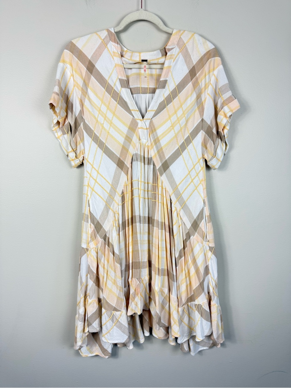 Free People Agnes Plaid Asymmetric Hem Mini Dress Womens XS Yellow White Brown
